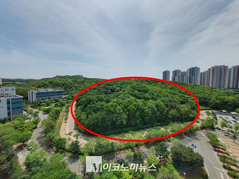 붉은 점선으로 표시한 부분이 문제가 되고 있는 안산시 사동 179번지 일대공원부지 <사진 : 한경숙 기자>