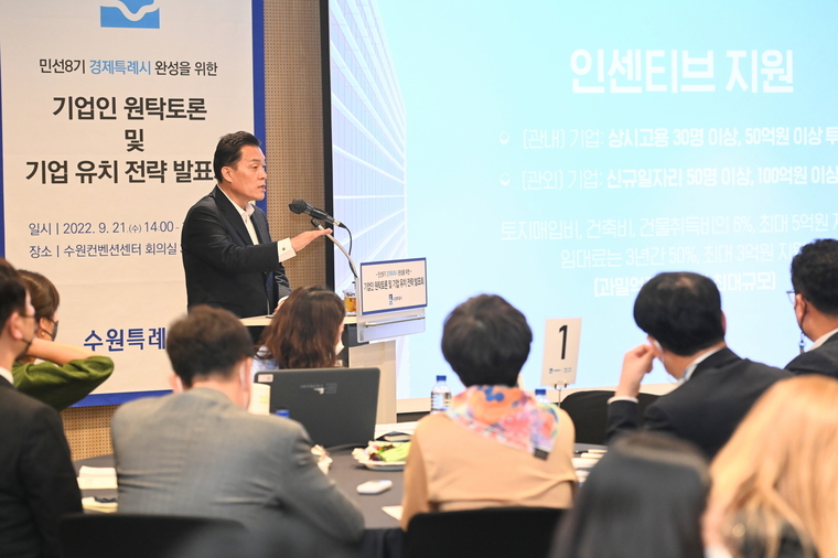 이재준 수원시장이 기업 유치·지원 전략을 발표하고 있는 모습 / 사진제공/수원시
