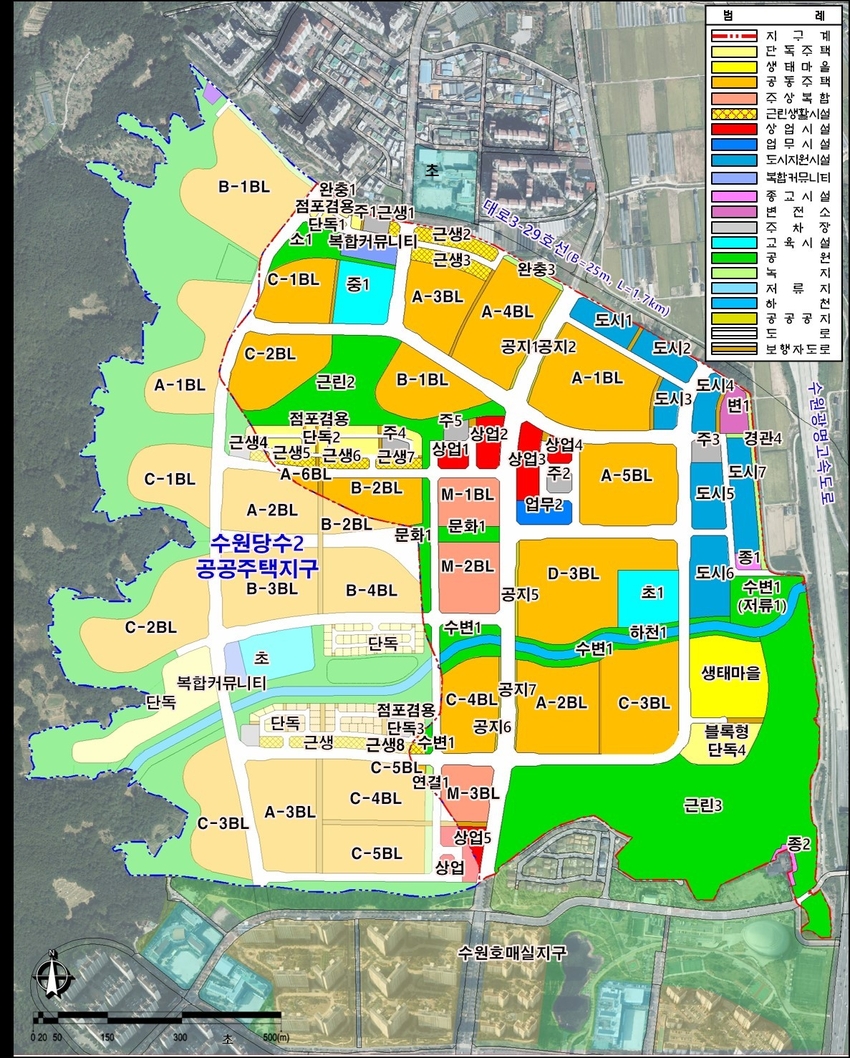 수원당수1지구(오른쪽 짙은색) 와 2지구 (왼쪽 옅은색) 토지이용계획도 <수원특례시 제공>