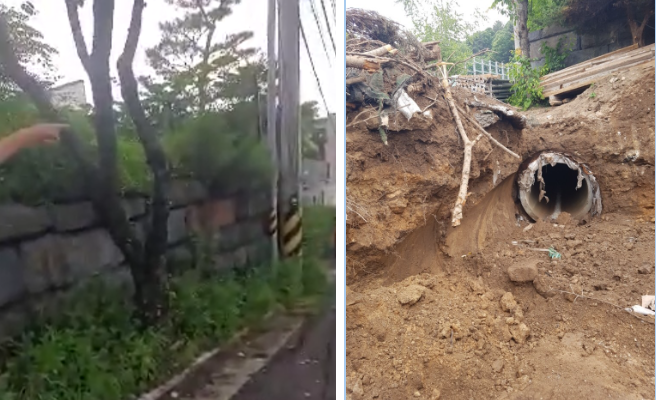 (1번 사진) B씨가 공사할 당시 묻혀 있던 우수관로(오른쪽)는 손가락이 가리키는 방향으로 묻혀 있었고, 그 오른쪽에 용인시가 무단으로 연결한 경수고속도로 도수로가 있다 <제보자 제공>