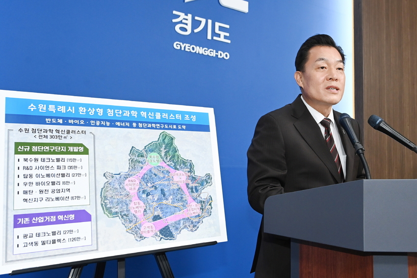 이재준 수원시장이 경기도청에서 열린 ‘북수원 테크노밸리 개발구상 발표’에서 수원시의 첨단과학 혁신클러스터 조성계획을 설명하고 있다 <수원시 제공>