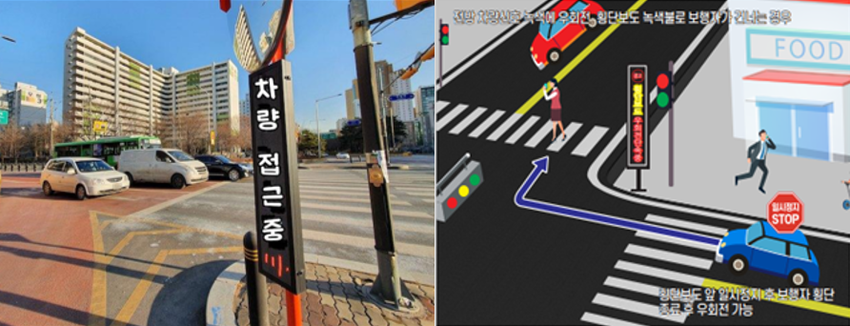 제품 설치 이미지(사진 왼쪽), 우회전 단속중 경고 <(주)애드-텍 제공> 