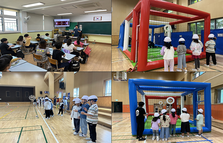 학생들이 강당에 설치된 드론 축구장에서 전술 비행 등을 통한 드론축구 경기를 체험하는 실습 교육을 체험하고 있다 <성남시 제공>