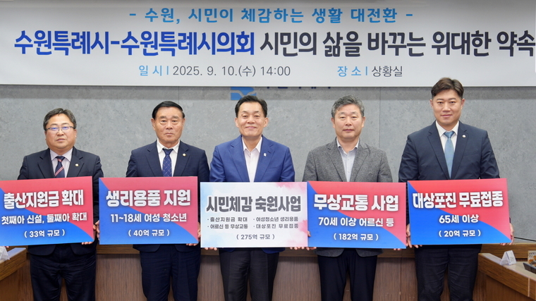 수원시의회 김동은 더불어민주당 교섭단체 대표(오른쪽부터), 김정렬 부의장, 이재준 수원시장, 수원시의회 이재식 의장, 박현수 국민의힘 교섭단체 대표가 시민체감 숙원사업이 적힌 손팻말을 들고 있다 <수원시 제공>